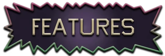 Soul Injector Commando: Beige 3D text “FEATURES” on purple jagged badge with outline.