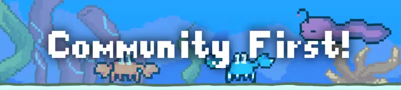 Soul's Remnant: Pixel art with "Community First!" text, featuring a crab and fish underwater.