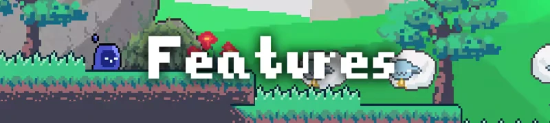 Soul's Remnant: Pixelated landscape with "features" text, trees, red flowers, and creatures.