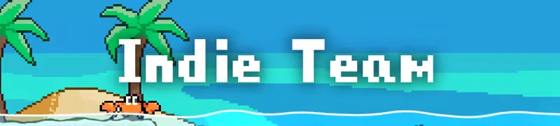 Soul's Remnant: Pixel art beach scene with palm trees, crab, and "Indie Team" in bold white text.