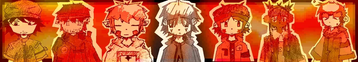 soulstation: Seven sketchy characters lined up on a red-orange gradient background.