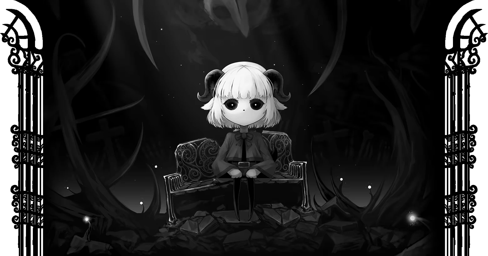 SoulWander: A character with horns sits on an ornate bench in a dark, eerie environment.