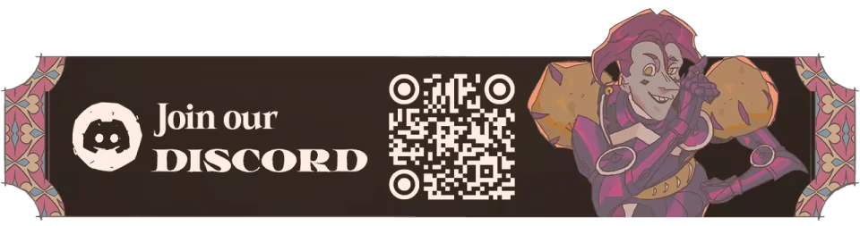Sovereign Tower: “Join our DISCORD” banner with QR code and purple-haired jester.