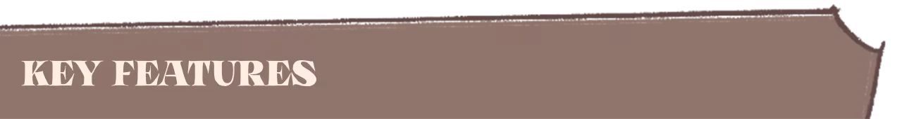 Sovereign Tower: Large white serif text “KEY FEATURES” on a brown banner.