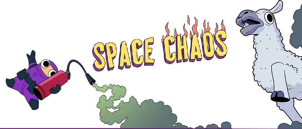 Space Chaos: A purple-suited character with a fire extinguisher faces a surprised llama.