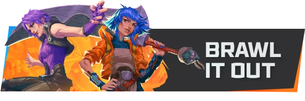 Sparkball: Two characters with vibrant hair and outfits, text "BRAWL IT OUT" in bold white.