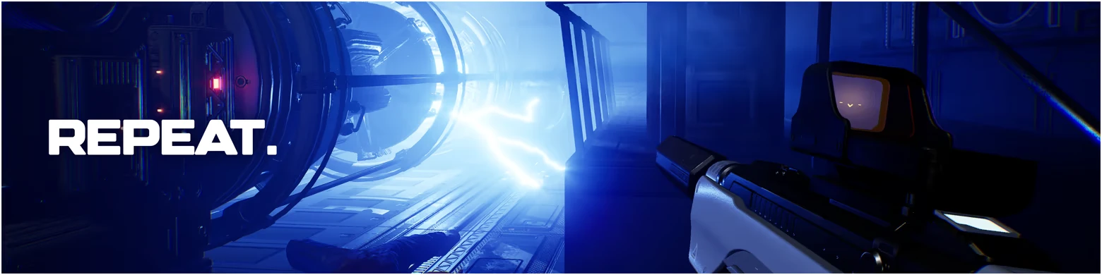 Species: Bold white text "REPEAT." over a sci-fi corridor with a weapon and electric arc.