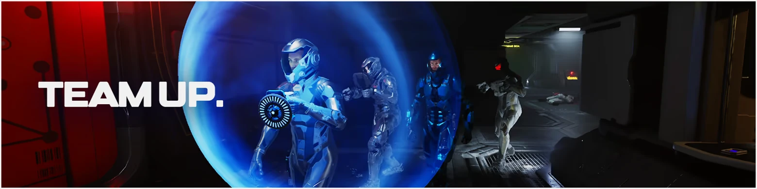 Species: Three armored figures in blue light, text "TEAM UP." on red wall, dark corridor.