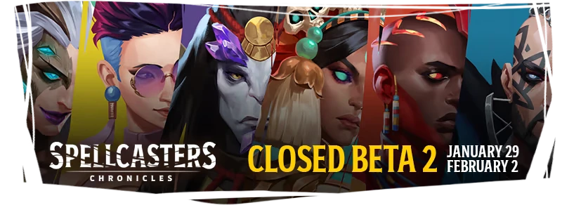 Spellcasters Chronicles: Seven diverse characters, bold text "CLOSED BETA 2" and dates shown.
