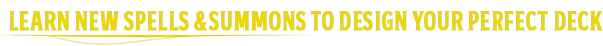 Spellcasters Chronicles: Yellow text reads "LEARN NEW SPELLS & SUMMONS TO DESIGN YOUR PERFECT DECK."