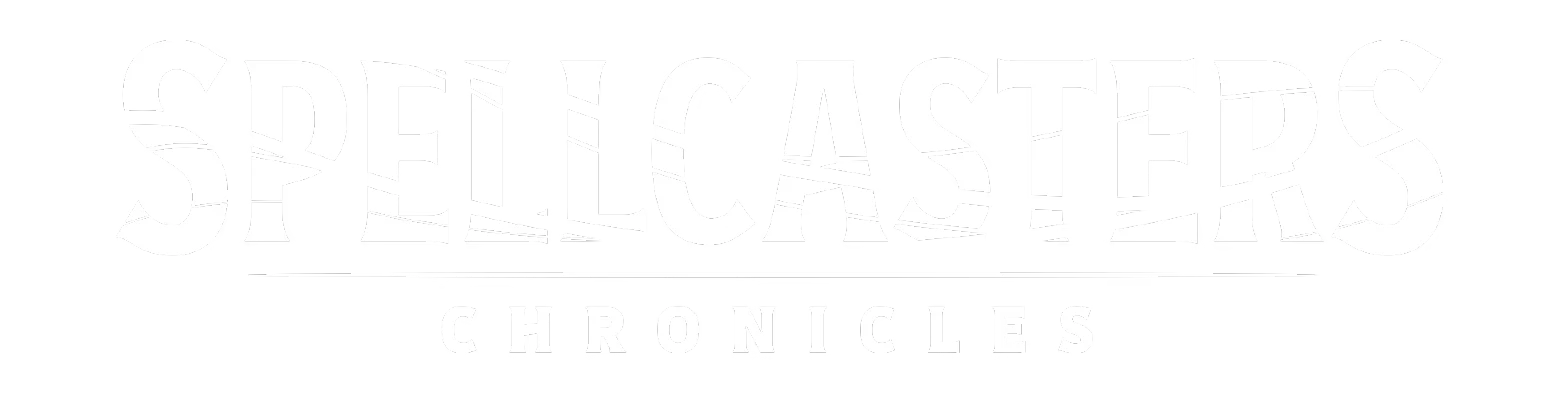 Spellcasters Chronicles: White logo with bold, cracked text on a black background.