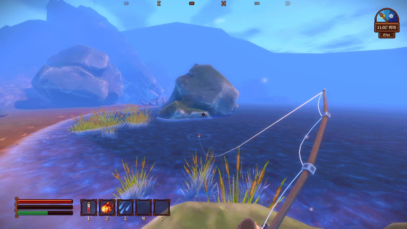 Spellogger: Fishing line and bobber in lake; UI shows 11:02 AM Thu and hotbar icons.