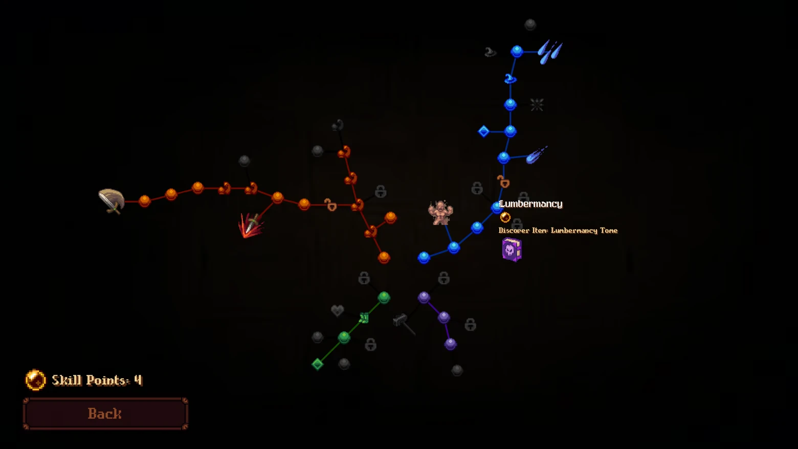 Spellogger: Skill tree screen with colored nodes; text “Lumbermancy” and “Skill Points: 4”.