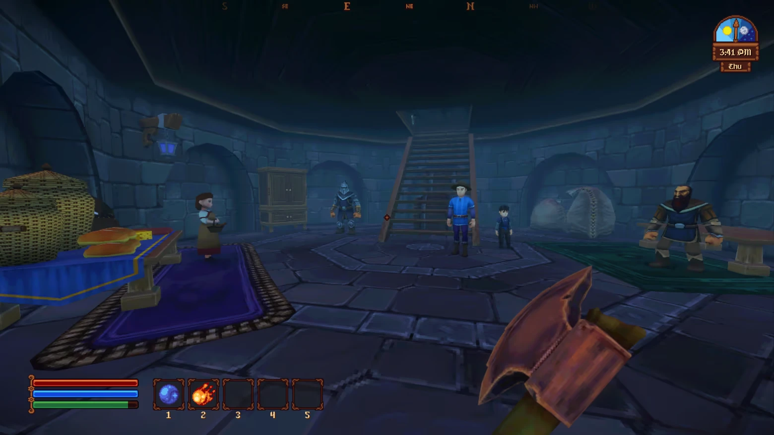 Spellogger: Stone cellar with stairs, NPCs, table of food, axe HUD and 3:41 pm clock.