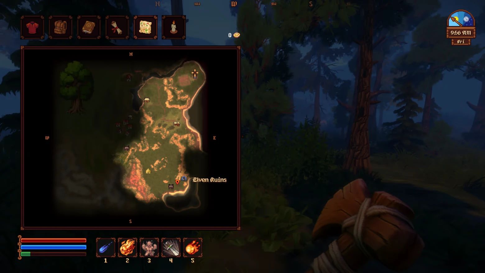 Spellogger: World map open with “Elven Ruins” marker; UI shows 9:56 am, Fri and spells bar.