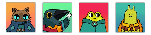 Character Portraits – Spellomancer Spellomancer: Four cartoon characters with colorful backgrounds, including a cat and a bird.