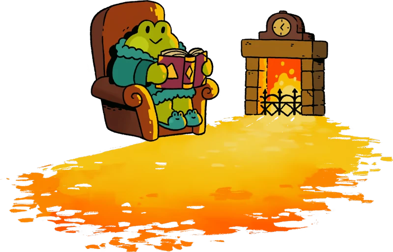 Cozy Reading – Spellomancer Spellomancer: Frog in robe reads by a cozy fireplace, wearing frog slippers, warm glow around.