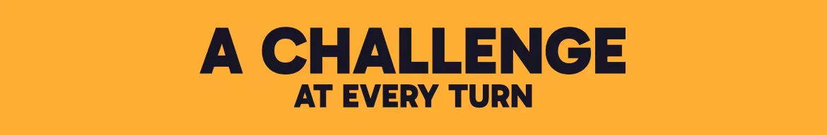 Spellsided: Bold black text on orange background reads "A CHALLENGE AT EVERY TURN".