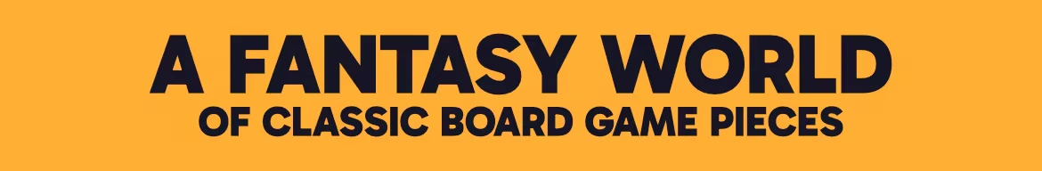 Spellsided: Bold black text on orange background reads "A Fantasy World of Classic Board Game Pieces".