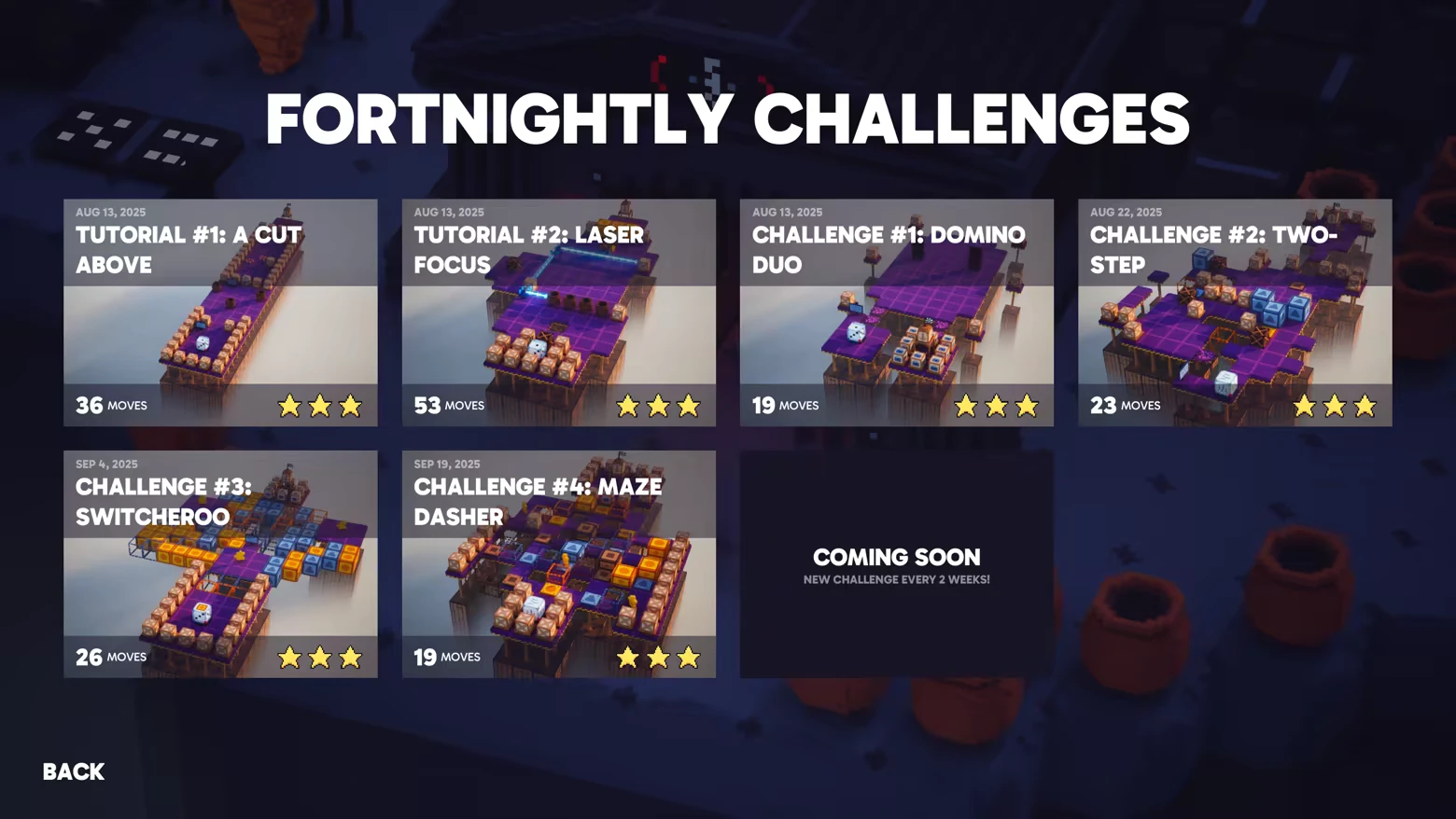 Spellsided: Fortnightly Challenges menu with six levels, star ratings, and "COMING SOON" notice.
