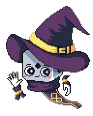 Wizard Die Character – Spellsided Spellsided: Pixel art die character in purple wizard hat and robe, waving hand.