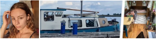 Spilled!: Three images show a woman, a docked boat with blue bins, and a cozy boat interior.