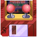 SpinBound: Pixel arcade cabinet with two red joysticks and a glowing screen text.