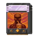 Boba Sipping Portrait – SpinBound SpinBound: Pixel card of dark figure sipping bubble tea, orange rays behind, down arrow icon.