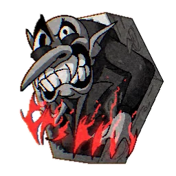 Coffin Goblin Portrait – SpinBound SpinBound: Grinning cartoon crow head on a dark coffin with red flames and white outline.