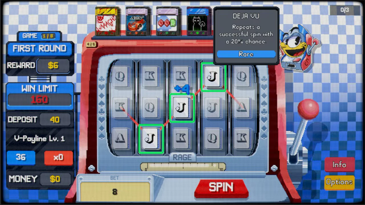 Deja Vu Tooltip – SpinBound SpinBound: Slot reels with card letters, DEJA VU tooltip, red SPIN button and lever.