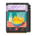 Flaming Cereal Bowl – SpinBound SpinBound: Pixel art card with milk bottle, CORN box, and flaming bowl on table.