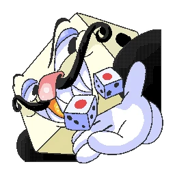 Mustache Dice Portrait – SpinBound SpinBound: Cartoon rabbit holding two dice with red dots, curled black mustache.
