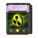 SpinBound: Pixel card with yellow radiation symbol on green, purple header, down arrow.
