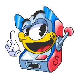 Slot Mascot Portrait – SpinBound SpinBound: Pixel art slot machine mascot with big grin, pointing finger, lever on side.