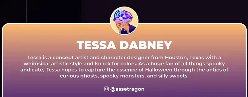 Artist Bio – SPiNG SPiNG: Profile of Tessa Dabney with a colorful avatar, text about her artistic style, and Instagram handle.