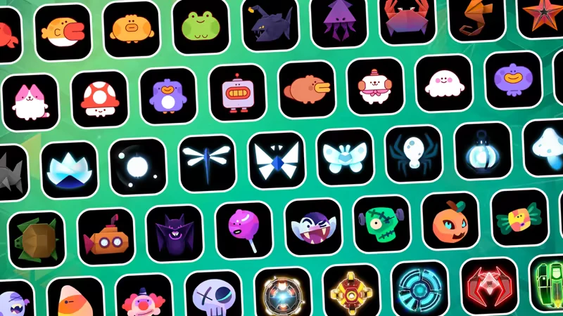 SPiNG: Grid of colorful character icons, including animals, robots, and abstract shapes on green.