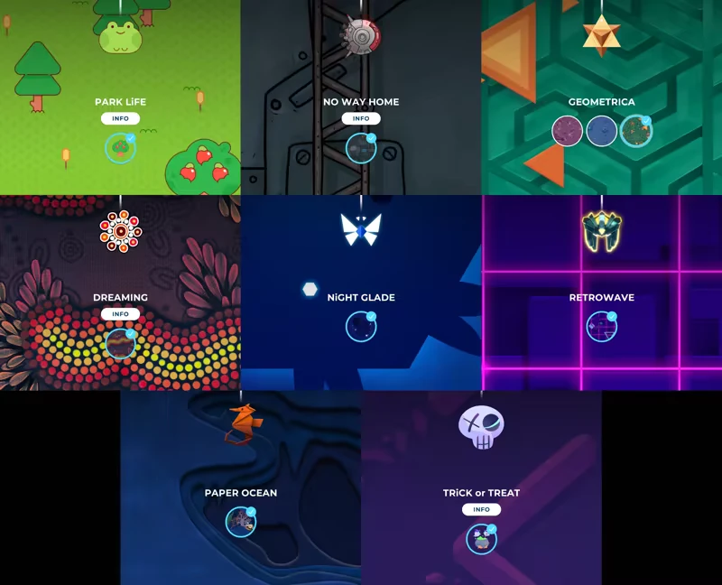 SPiNG: Nine colorful level icons with names like "PARK LIFE" and "RETROWAVE," each with "INFO" buttons.