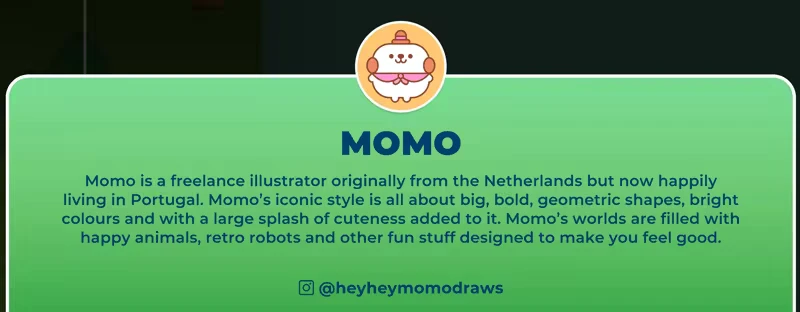 Momo Profile – SPiNG SPiNG: Green background with text about Momo, featuring a cute animal icon and Instagram handle.