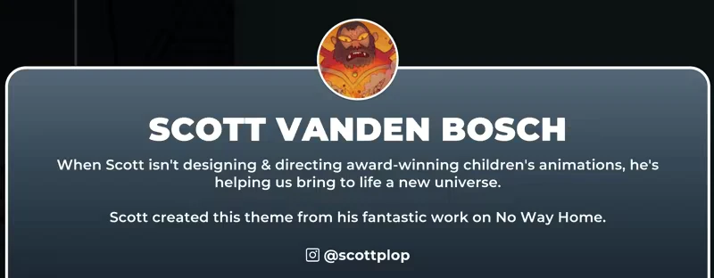 Theme Credits – SPiNG SPiNG: Profile of Scott Vanden Bosch with text about his animation work and Instagram handle.
