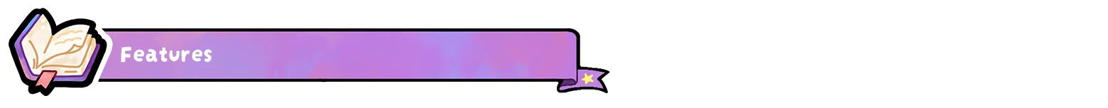 Spiriki: Purple banner with open book icon and white text reading “Features”.