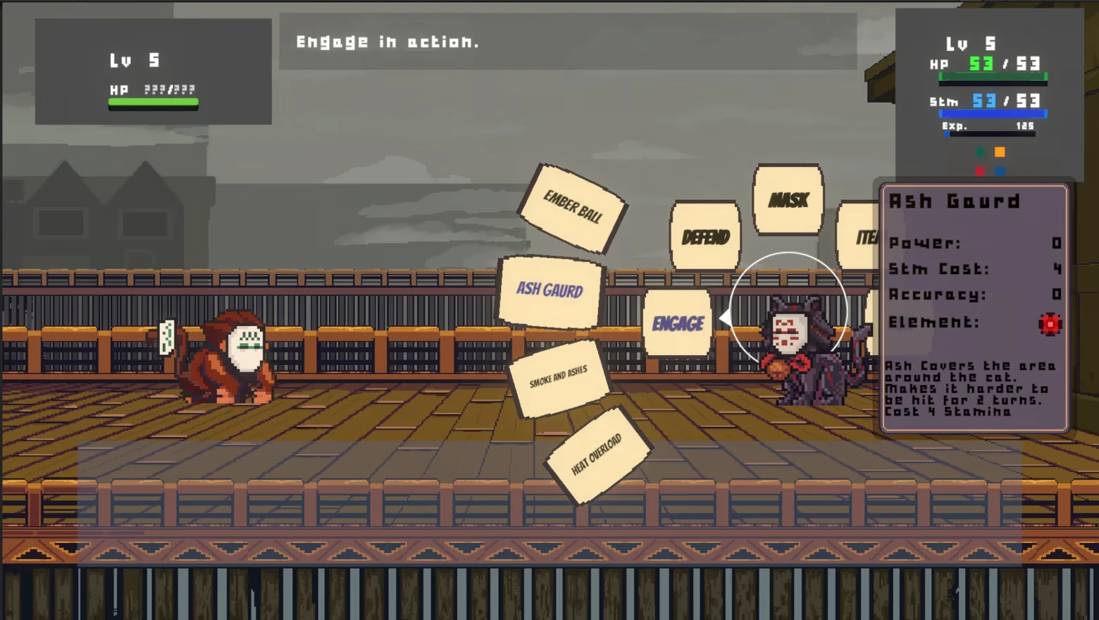 Spirit Mask RPG: Battle UI with action cards and Ash Gaurd info panel on right.