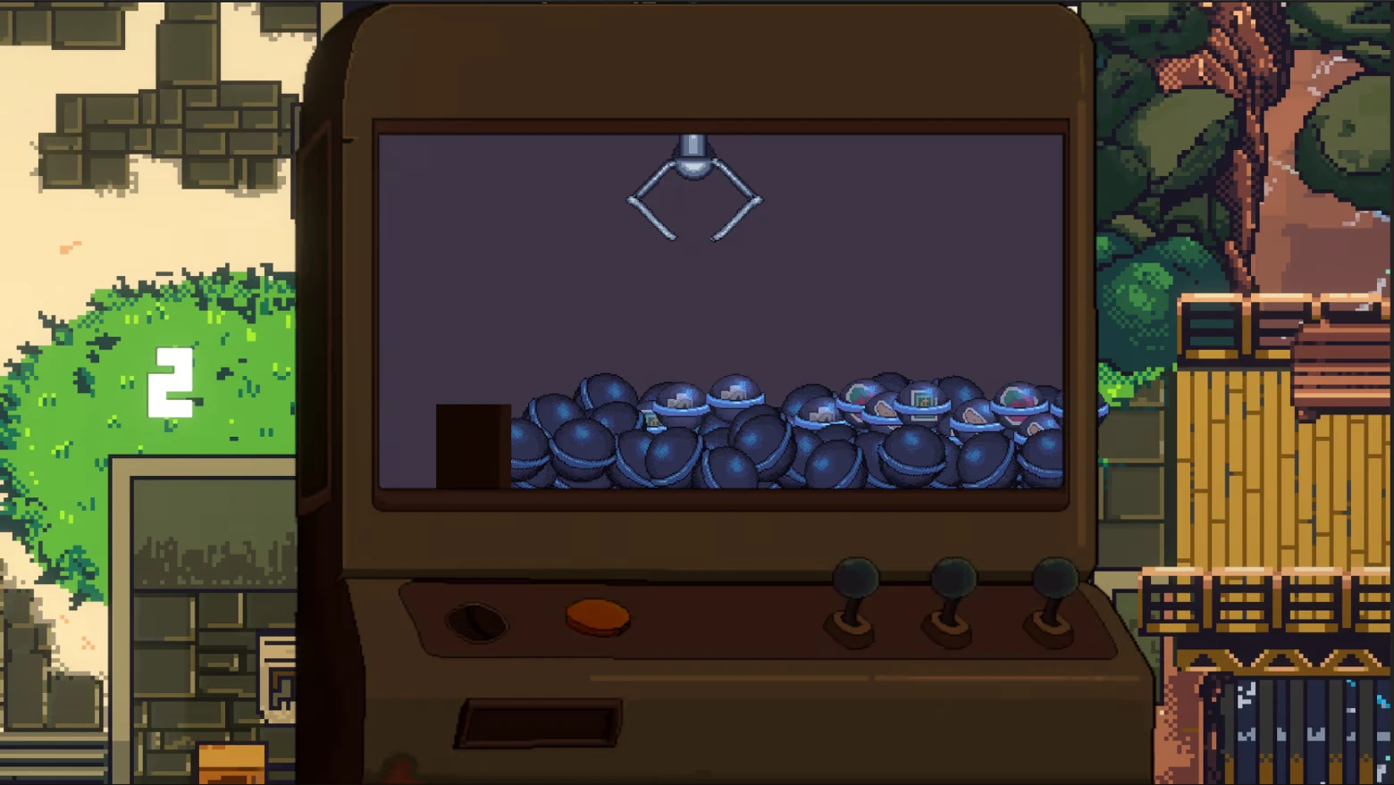 Spirit Mask RPG: Pixel claw machine with blue capsules, claw arm, and white number 2.