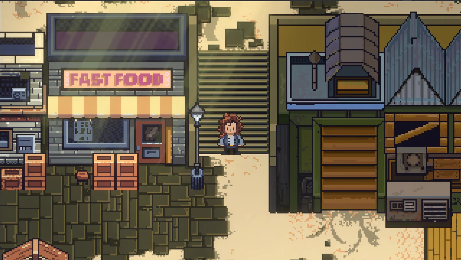 Spirit Mask RPG: Pixel town street with FAST FOOD sign, crates, and a character by stairs.