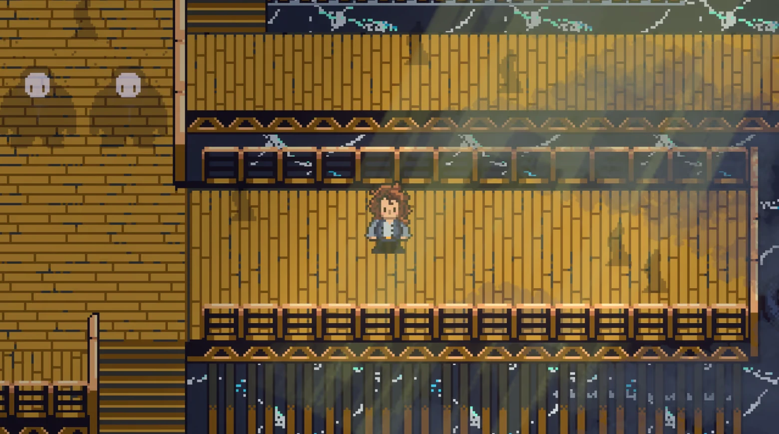 Spirit Mask RPG: Pixel character on wooden deck with railings and sunbeams overhead.