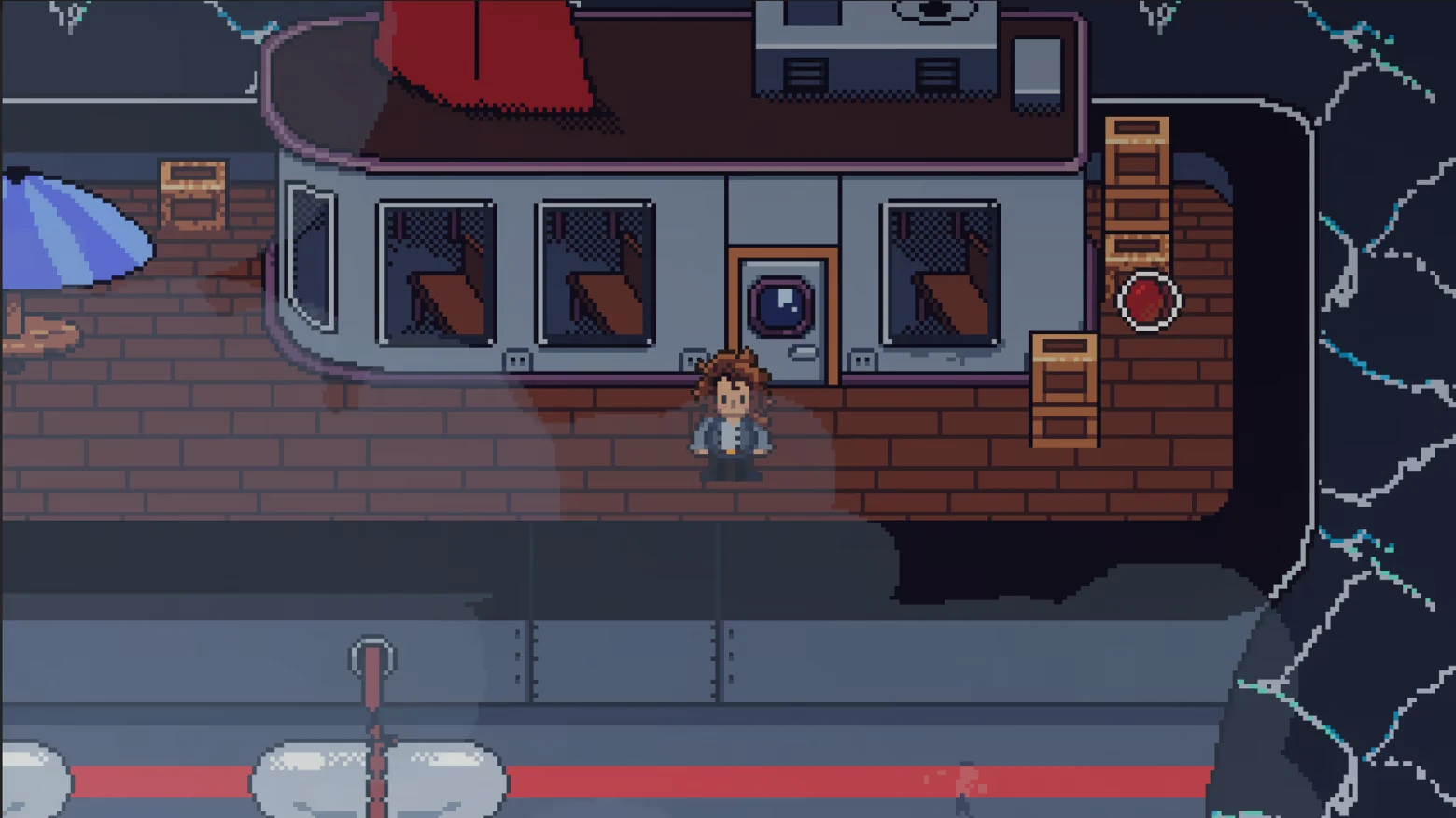 Spirit Mask RPG: Pixel boy on ship deck by cabin door, crates and red lifebuoy nearby.