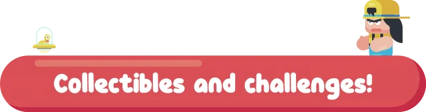 Spirit of the Obelisk: Character in yellow hat, red banner with "Collectibles and challenges!"