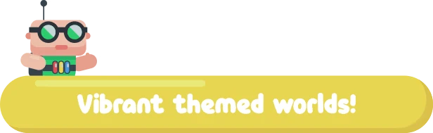 Spirit of the Obelisk: Cartoon character with glasses above yellow banner saying "Vibrant themed worlds!"