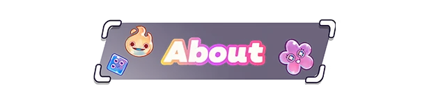 Spirit Swap: "About" text in colorful font with flame, dice, and flower icons on dark background.