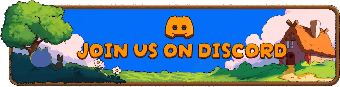Join Discord Banner – Spiritstead Spiritstead: Orange “JOIN US ON DISCORD” text over blue sky, cottage and tree scene.