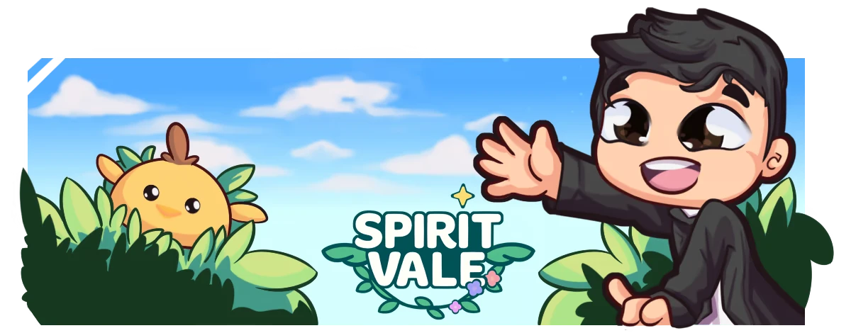 Logo Mascot Banner – SpiritVale SpiritVale: Cartoon boy waving beside SPIRIT VALE logo; chick peeks from bushes.